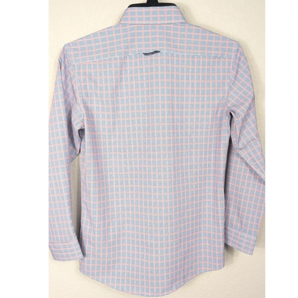 Cloudcloth Button Down Shirt Boys 12 Blue Orange Plaid 4-Way Stretch Large